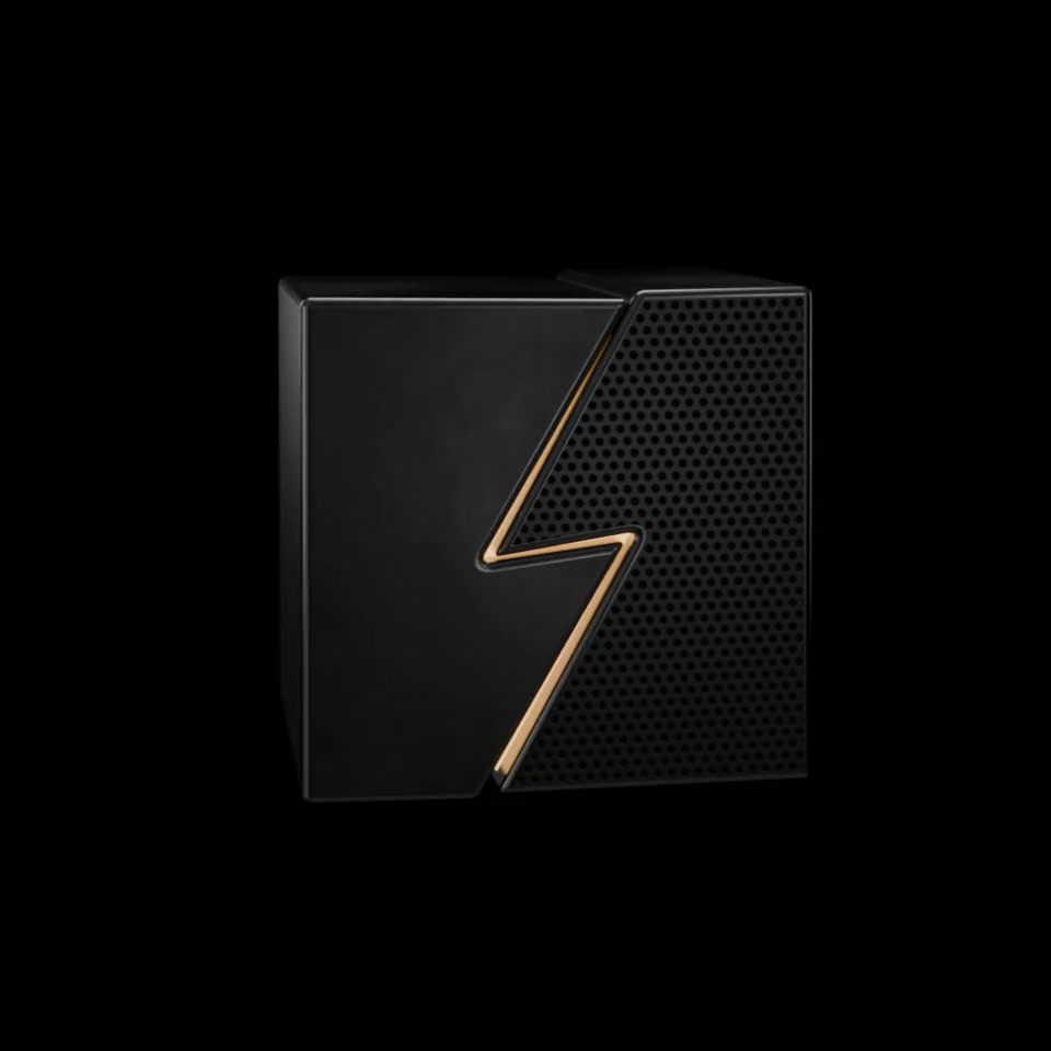 A black cube split along a glowing lightning bolt seam, the LightSpeedBolt mark